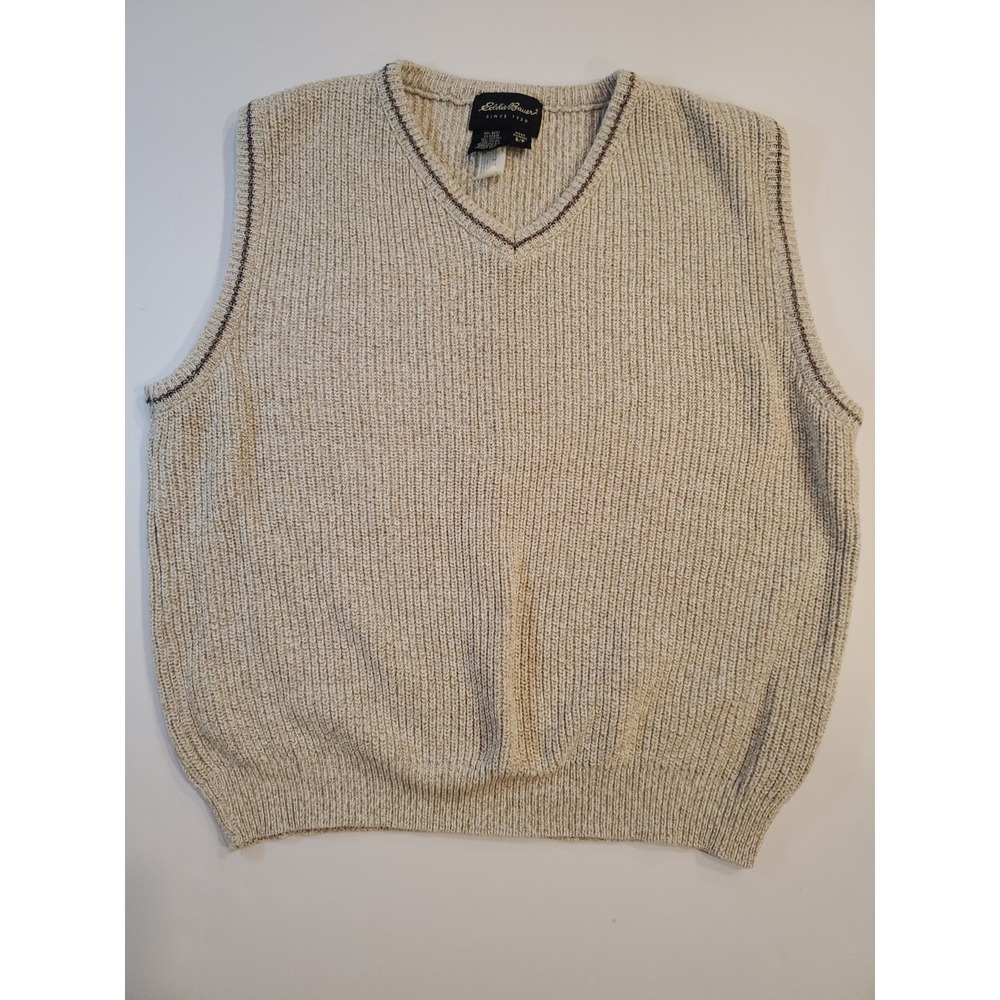 Vintage Eddie Bauer Sweater Vest Mens S/P Beige Cotton V Neck USA 90s Academia
